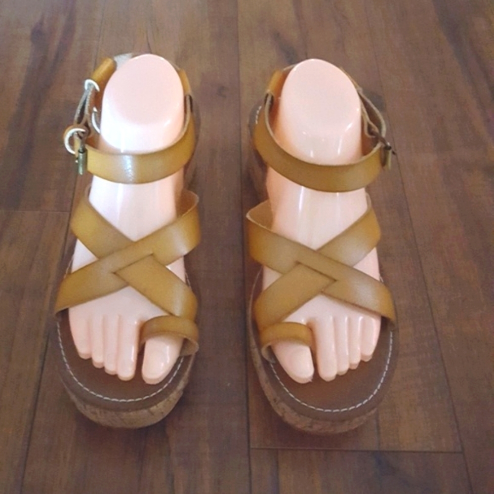 Report‎ - Tan Leather Ankle Strap Cork Wedges